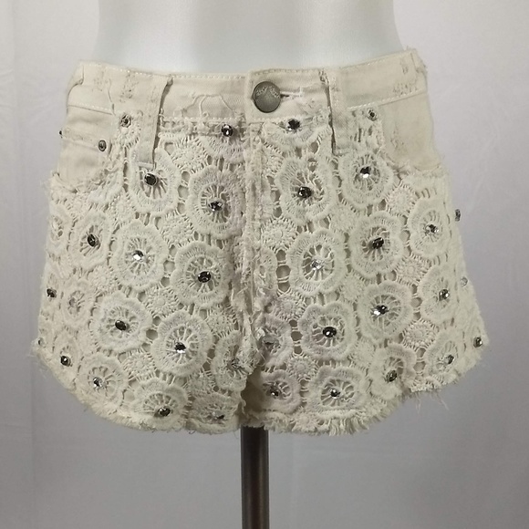 Free People Pants - Free People SZ 27 Lace Embellished Cut Off Shorts